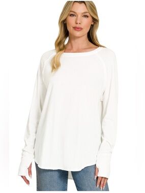 Zenana White Cotton Long Sleeve with Thumbhole Top